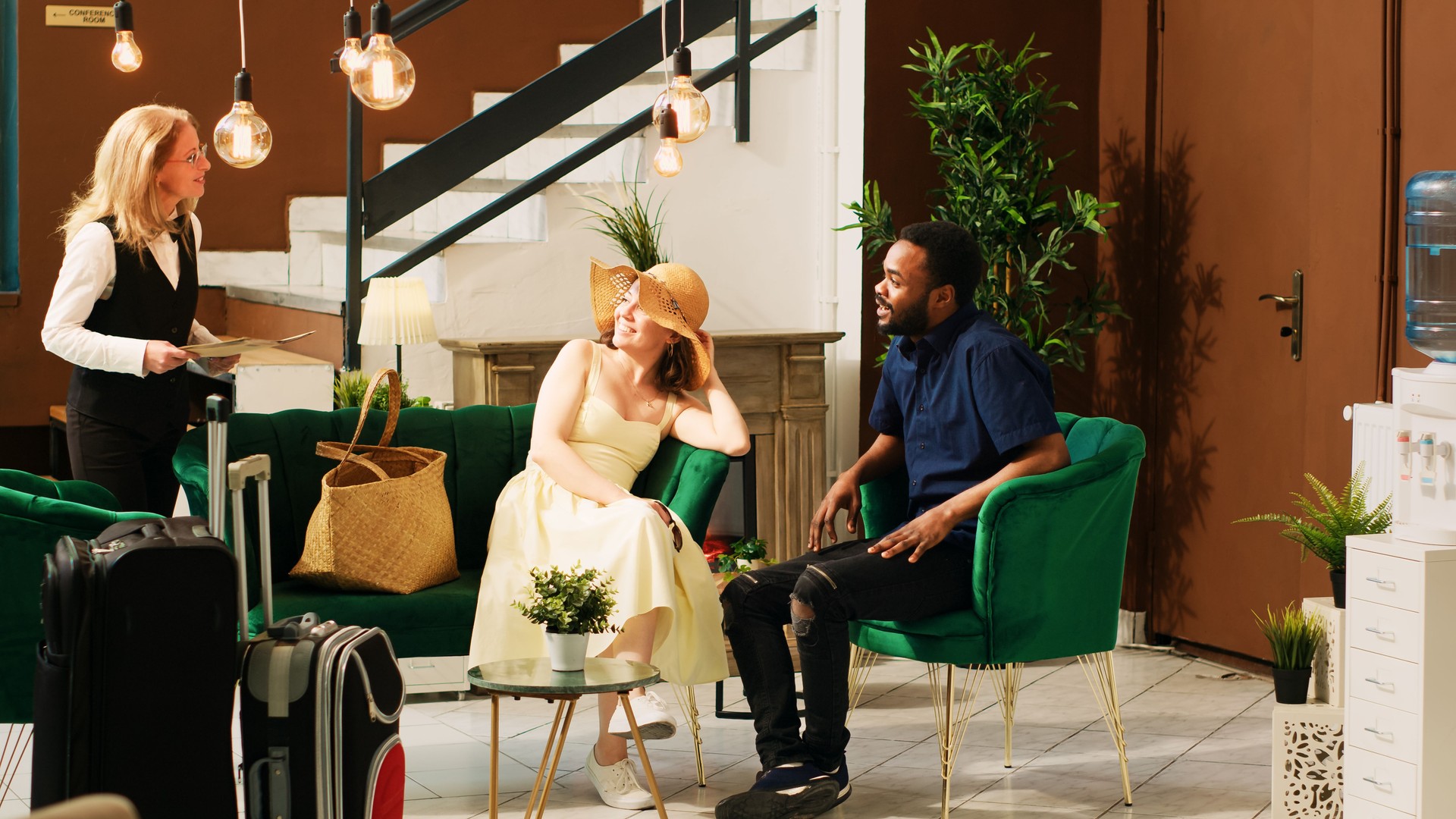 Hotel staff talking to guests in lobby